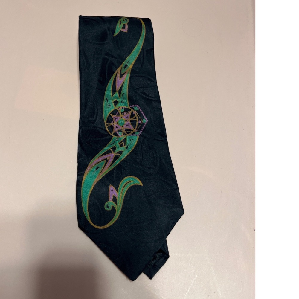 Emilio Romano Vintage 80s 90s Silk Tie Handmade Italy Green Purple Black 60 inch
